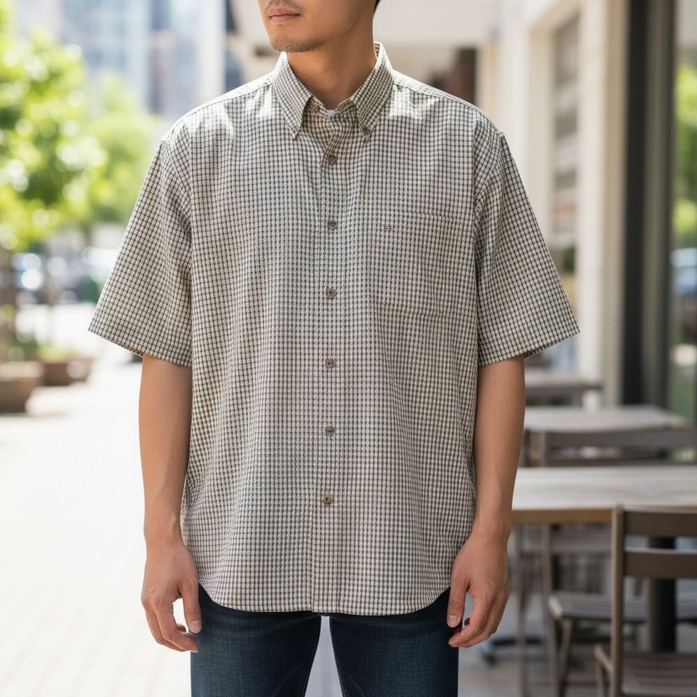Men's Haggar Checkered Button-Up Short Sleeve Shirt Beige Cream Black XXL